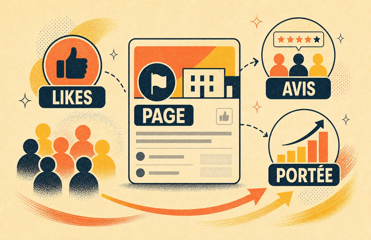 Infographie Facebook avec les labels Page, Likes, Avis et Portée.