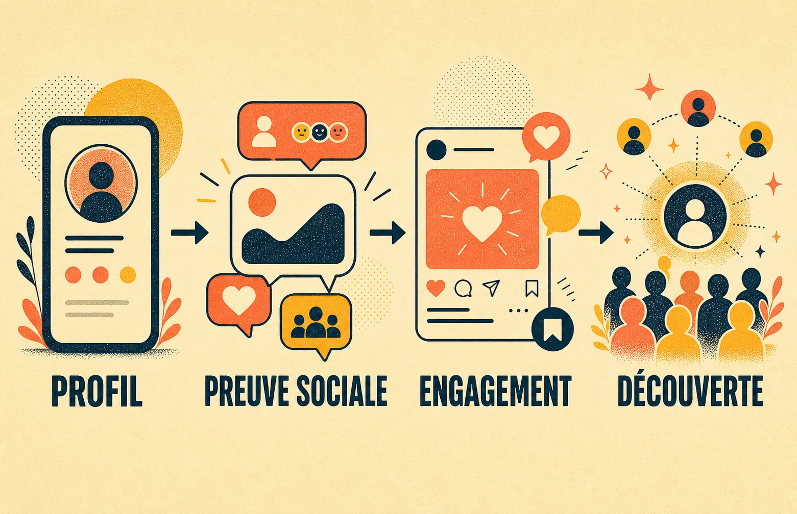 Infographie Instagram avec les étapes Profil, Preuve sociale, Engagement et Découverte.