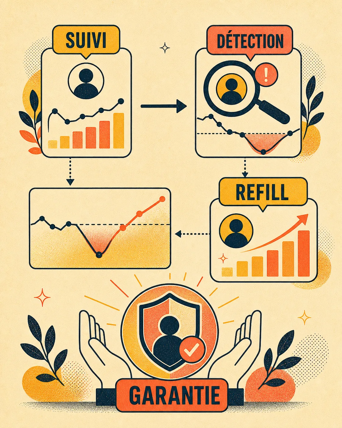 Infographie de garantie avec les labels Suivi, Détection, Refill et Garantie.