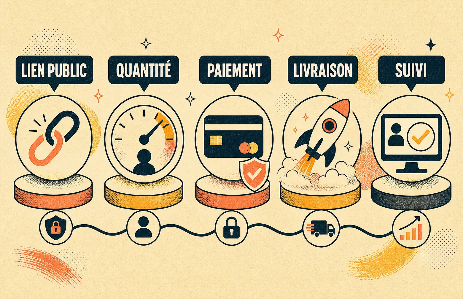 Infographie du process avec les labels Lien public, Quantité, Paiement, Livraison et Suivi.