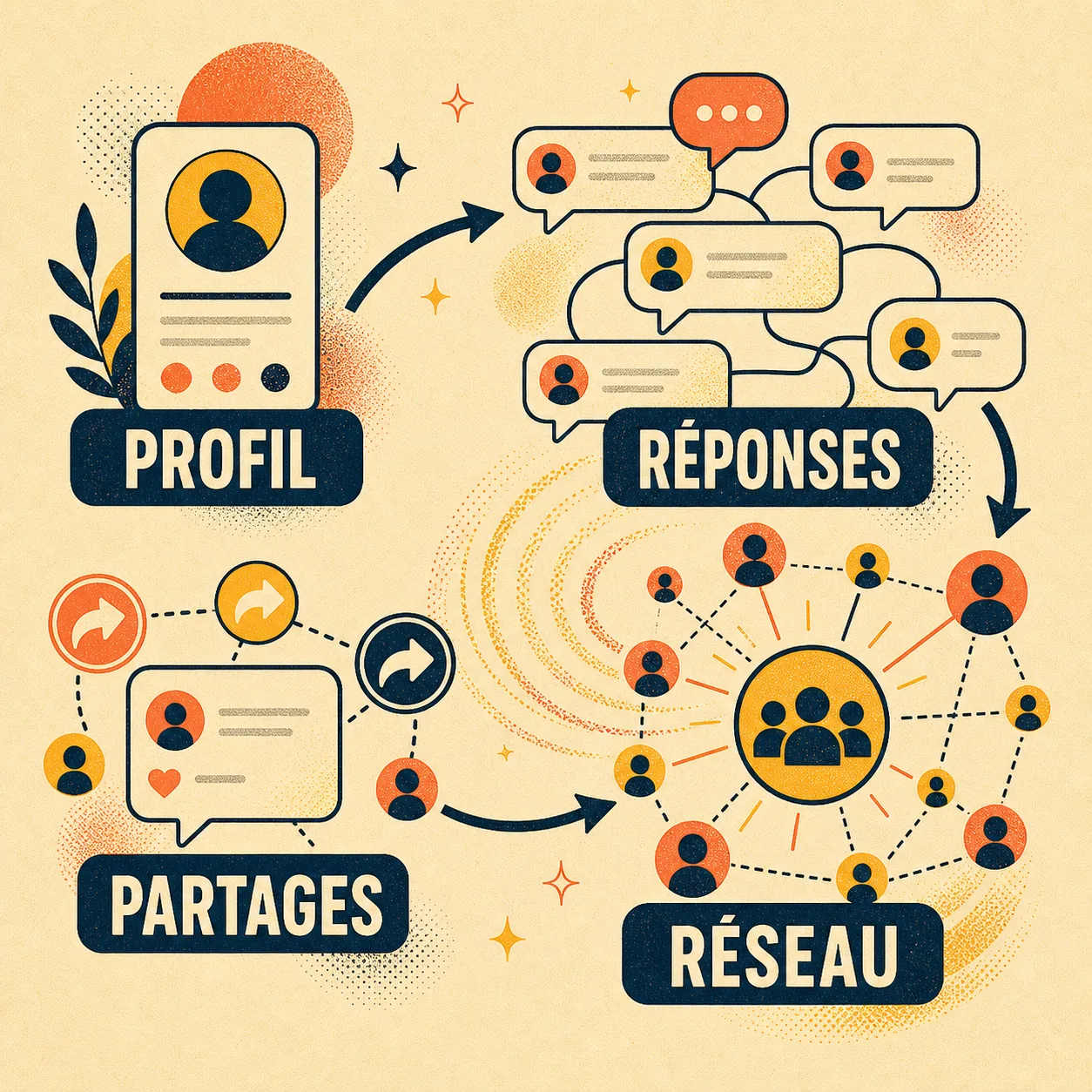 Infographie Threads avec les labels Profil, Réponses, Partages et Réseau.