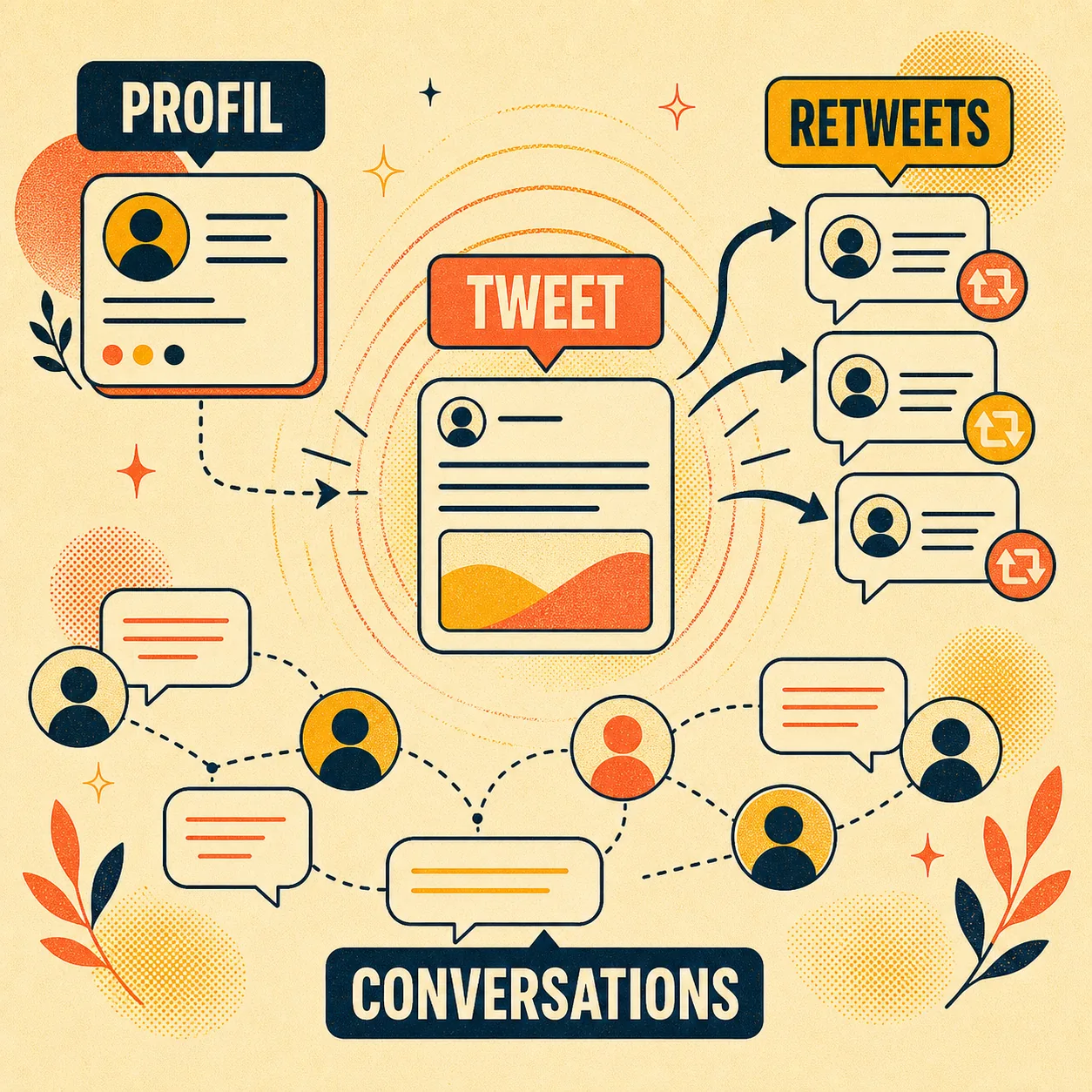 Infographie Twitter/X avec les labels Profil, Tweet, Retweets et Conversations.