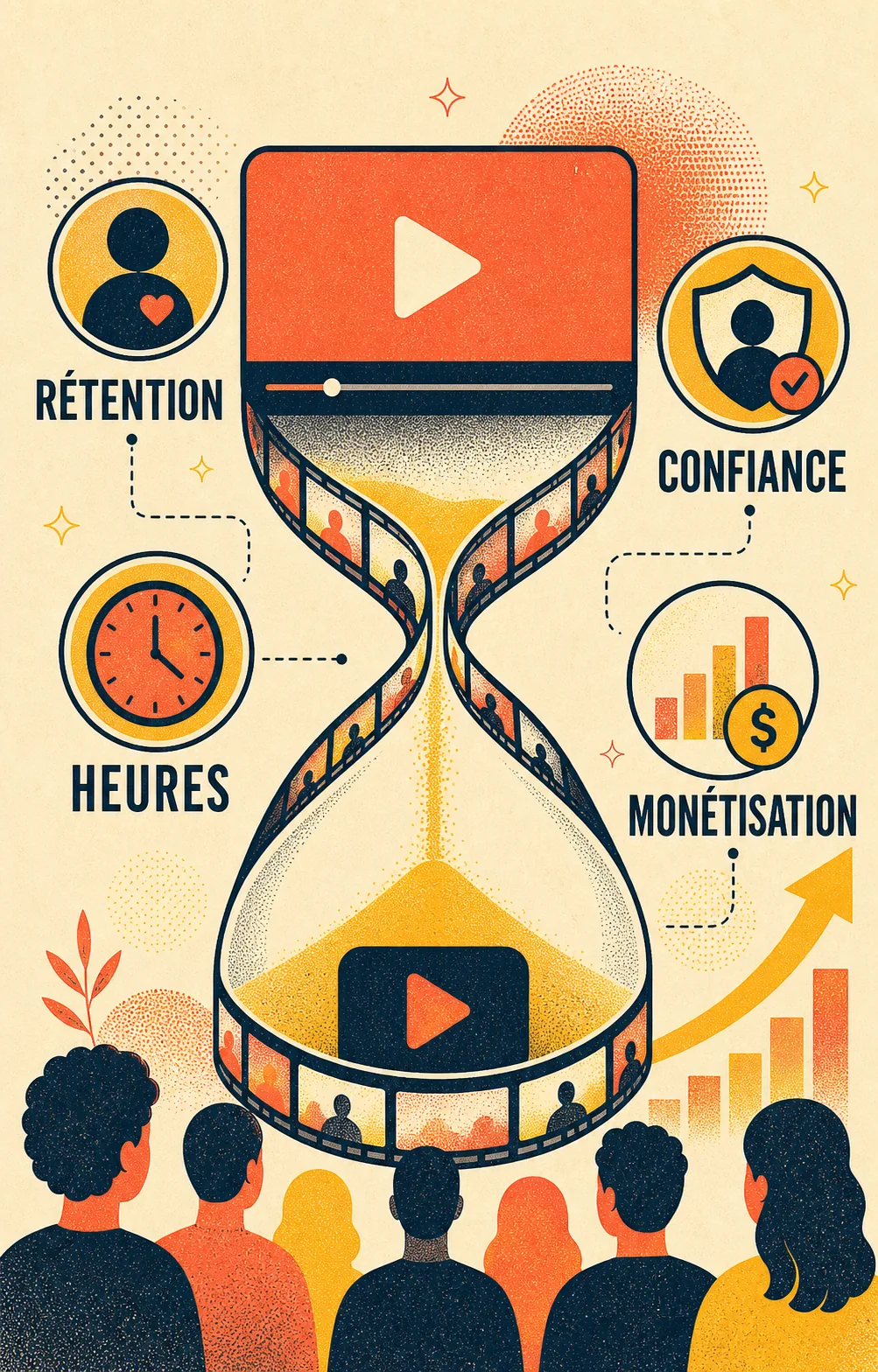 Infographie YouTube avec les labels Rétention, Heures, Confiance et Monétisation.